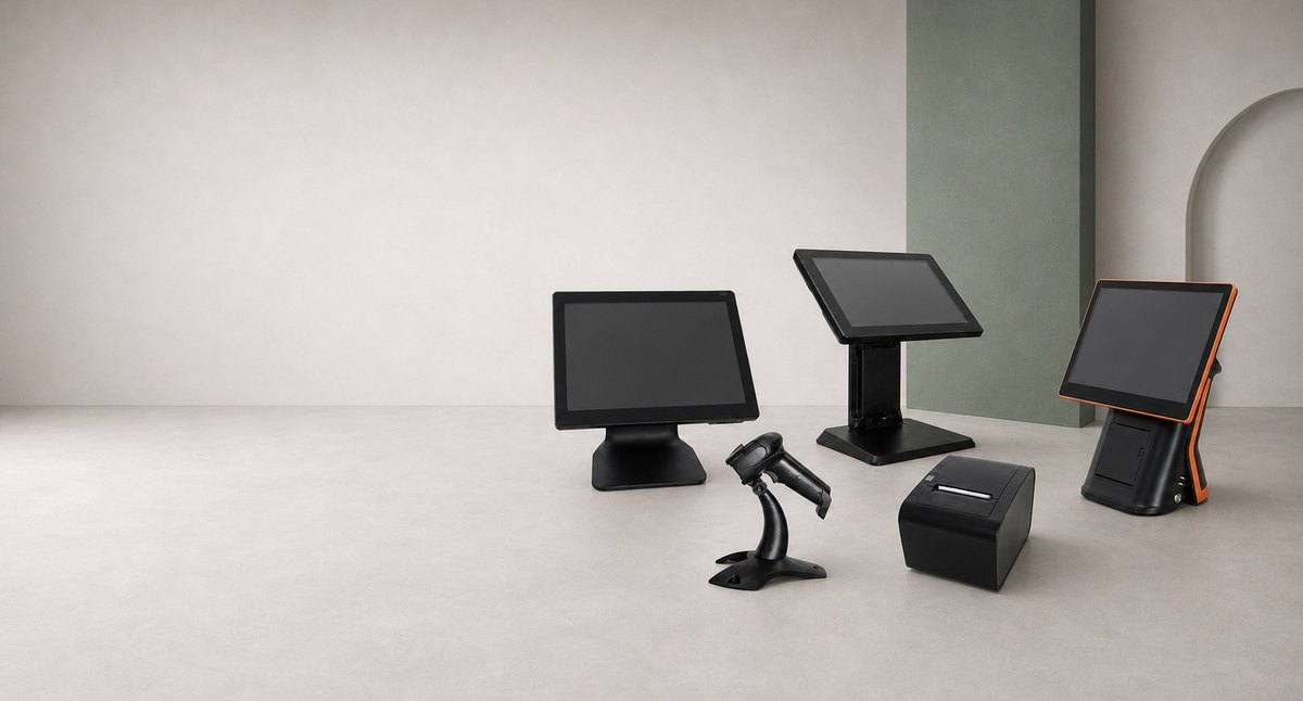 POSprom Kassensysteme: zwei Touch-Terminals, Dual-Display-Kasse mit Bondrucker und Handscanner